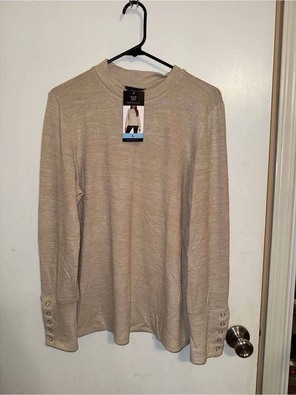 Rafaella Beige Crewneck Sweater with Button Cuffs